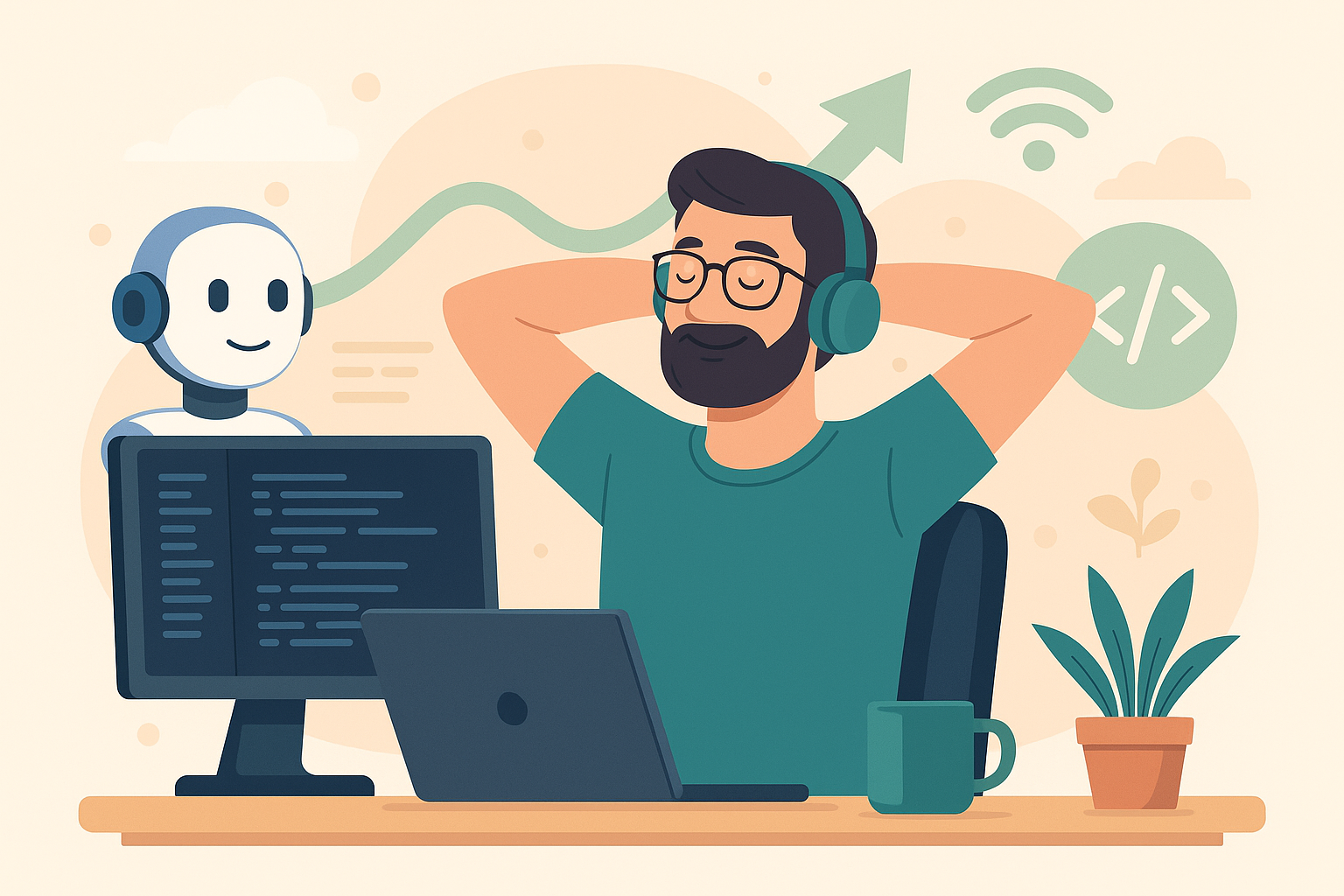 Développeur heureux assisté par une IA